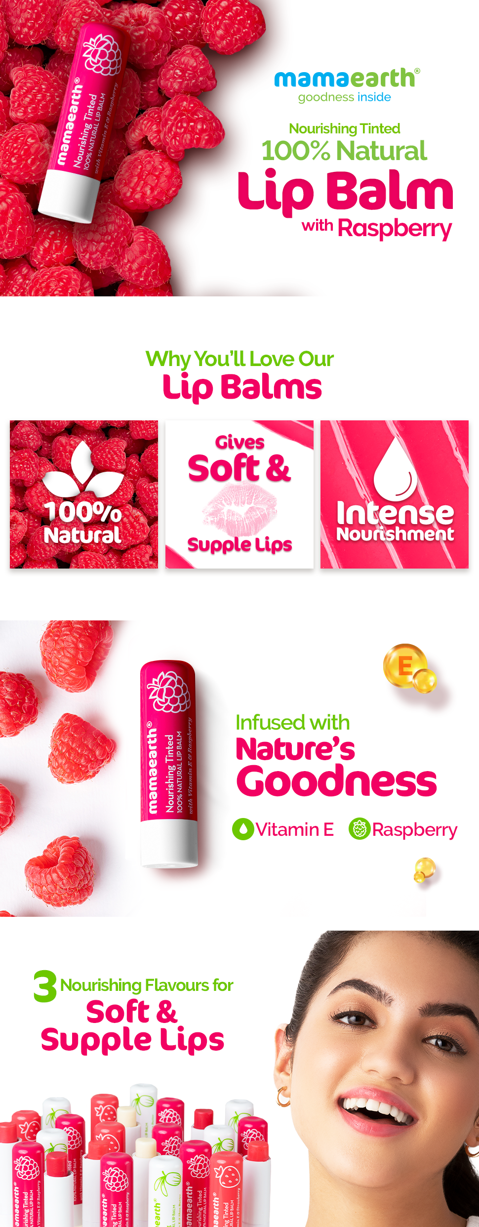 Nourishing Tinted 100% Natural Lip Balm with Vitamin E and Raspberry 