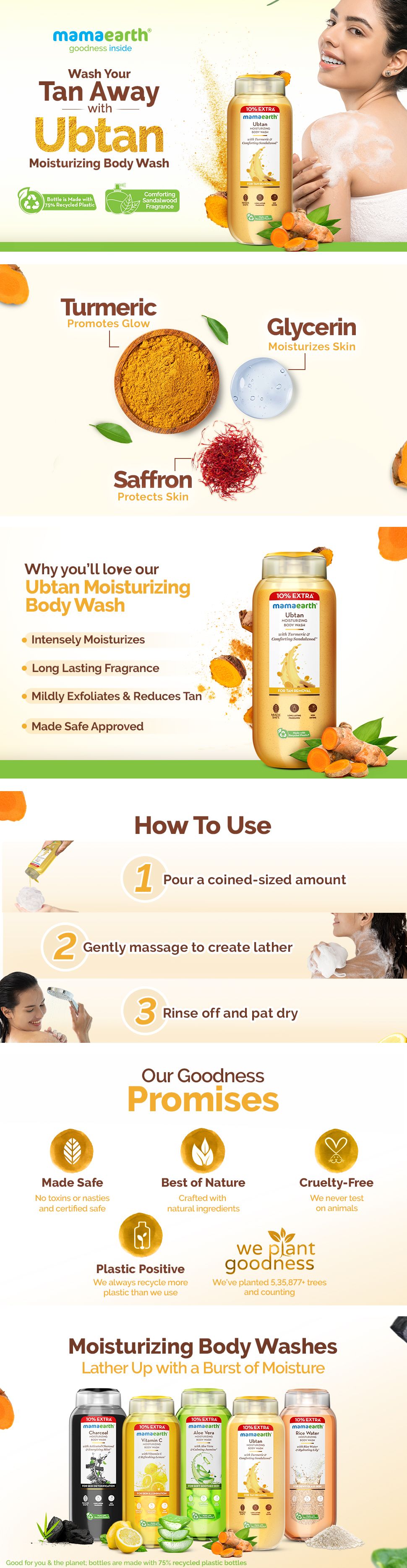 Ubtan Moisturizing Body Wash with Turmeric & Saffron for Tan Removal - 250 ml + 25 ml Extra