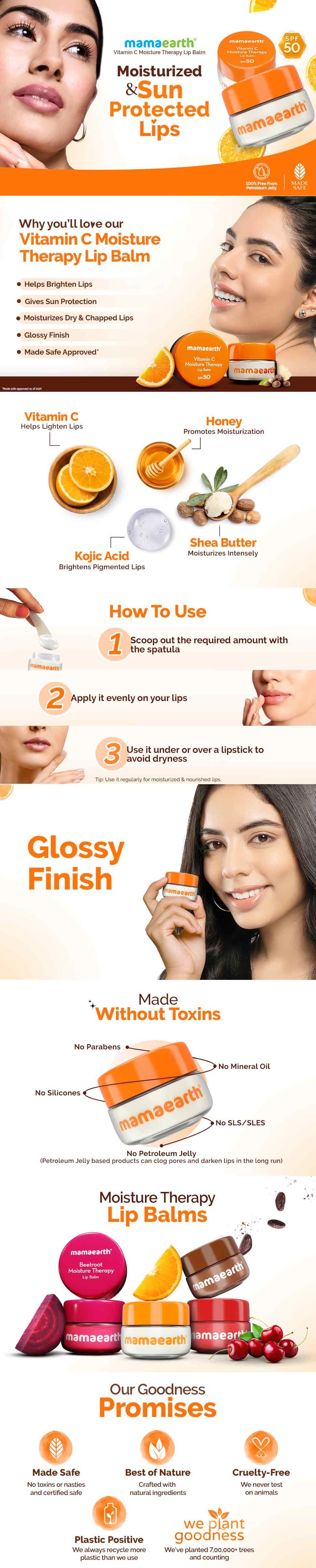 Mamaearth Vitamin C Moisture Therapy Lip Balm SPF 50 with Vitamin C & Honey for Lip Lightening
